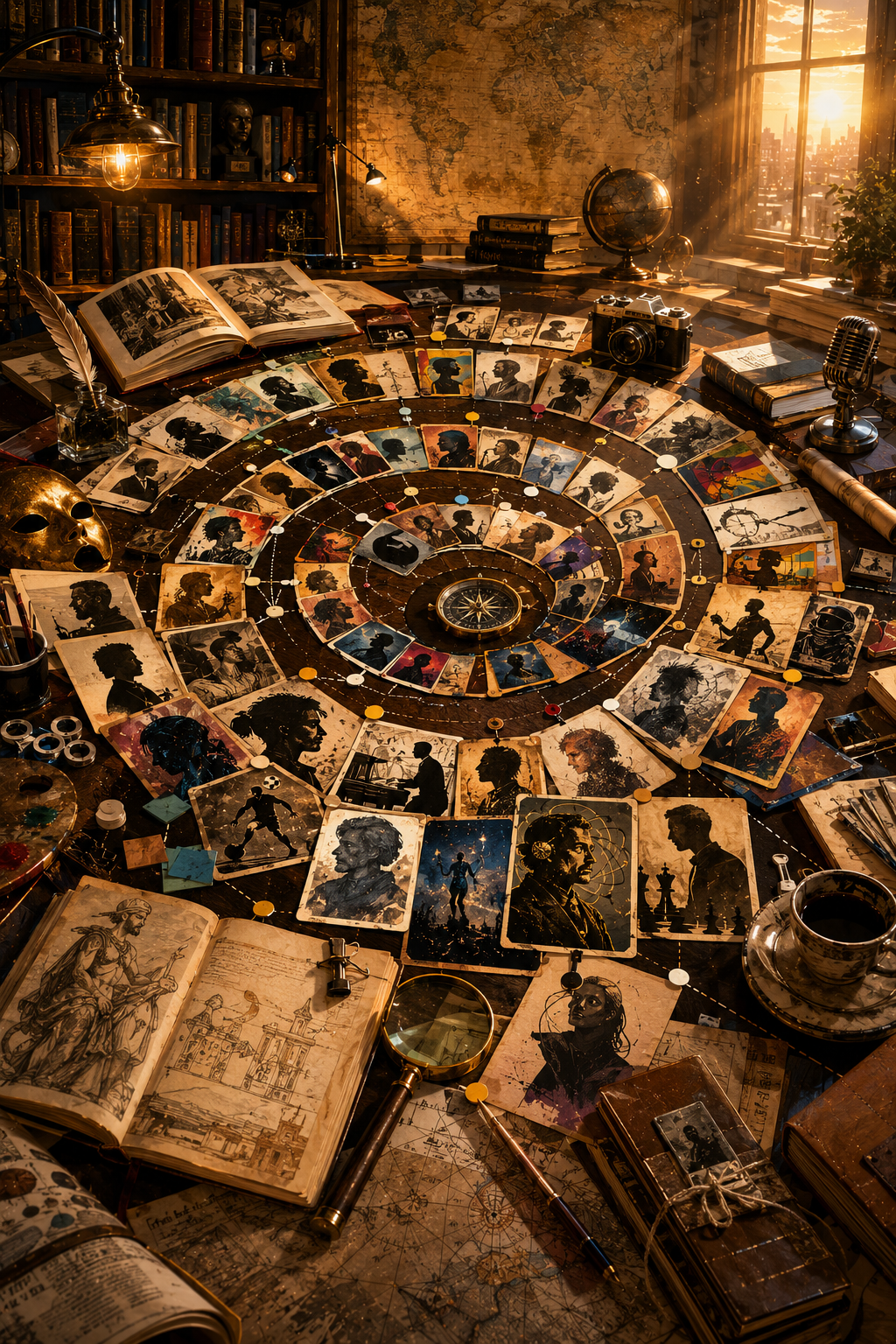 Imagem conceitual do 100+, com mesa editorial, mapas, livros e retratos culturais.